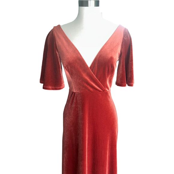 NWT Ever Pretty Double V Neck Velvet Ruffle Sleeve Evening Dress Brick Red Small - Picture 8 of 13